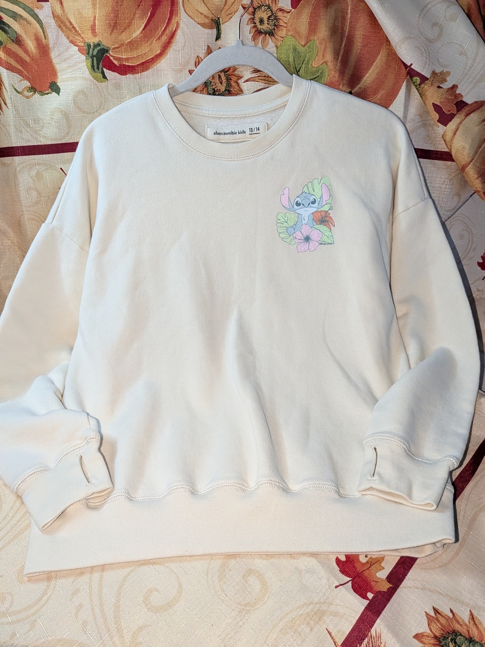 abercrombie kids Cream Crewneck Sweatshirt with Pastel Tropical Stitch